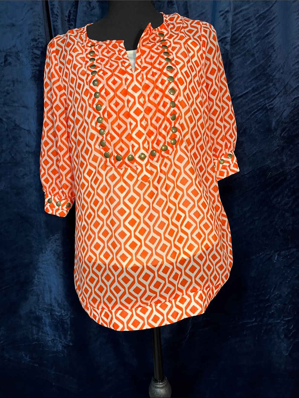 Women's Orange & Cream Geometric Tunic Top with Decorative Trim